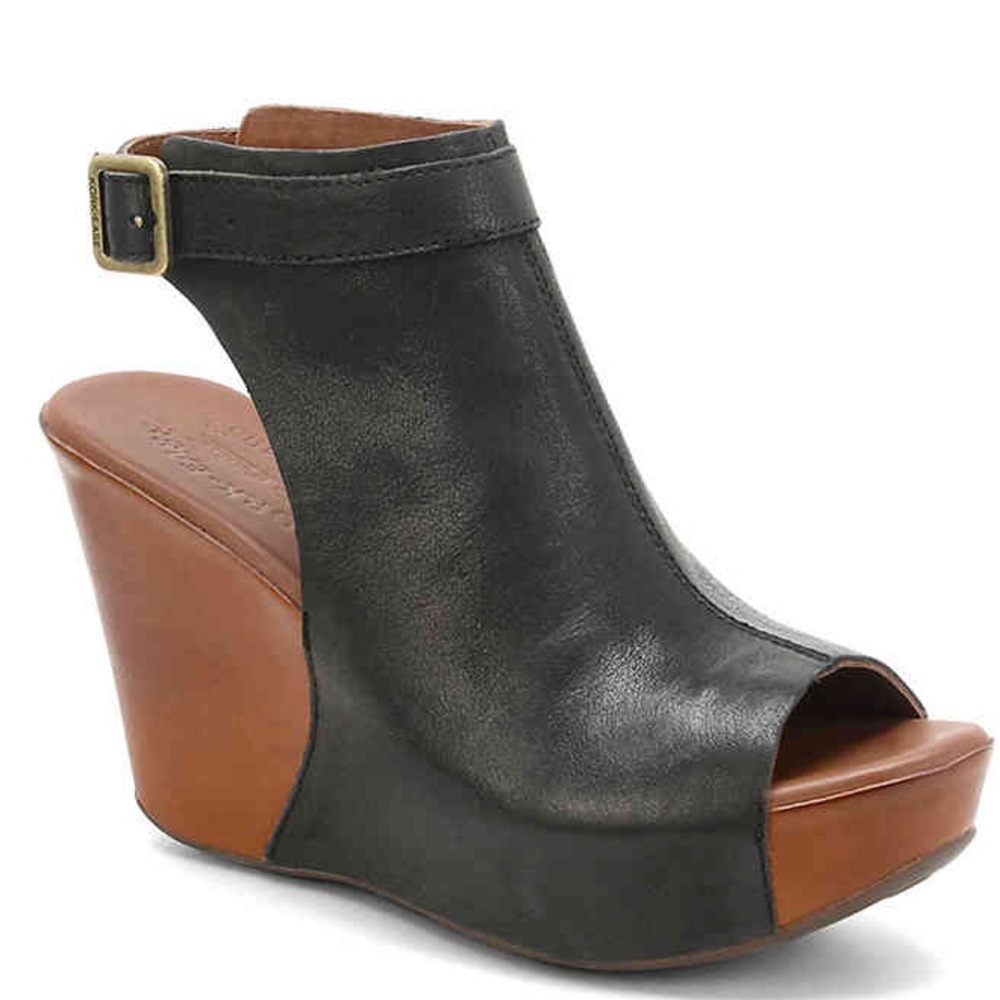 Kork-Ease Black Leather Peep-Toe Wedge Sandal with Brown Platform